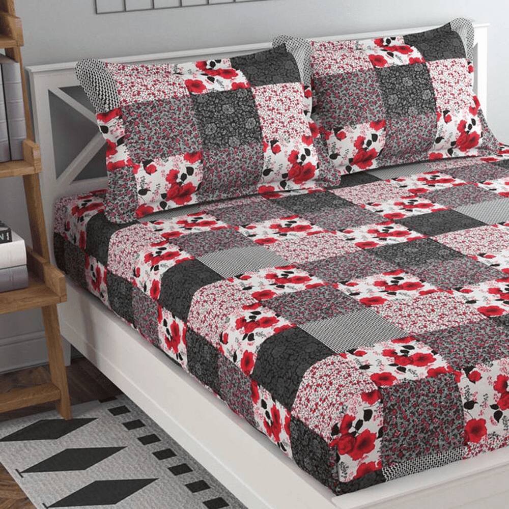 Hugo Red Floral 160 TC Cotton Double Size Bedsheet with 2 Pillow Covers