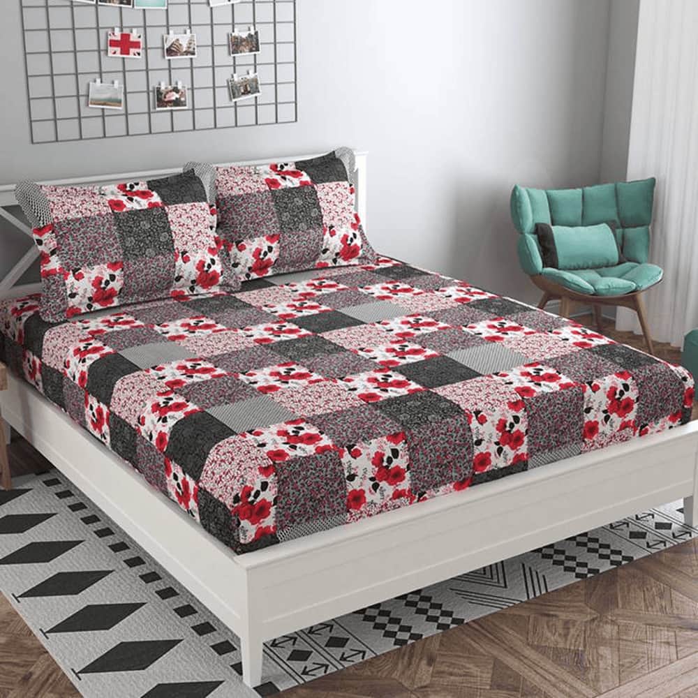 Hugo Red Floral 160 TC Cotton Double Size Bedsheet with 2 Pillow Covers