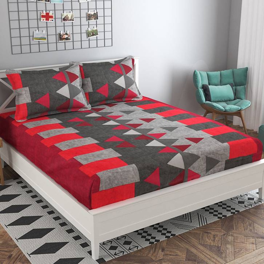 Adrian Red Geometric 160 TC Cotton Double Size Bedsheet with 2 Pillow Covers