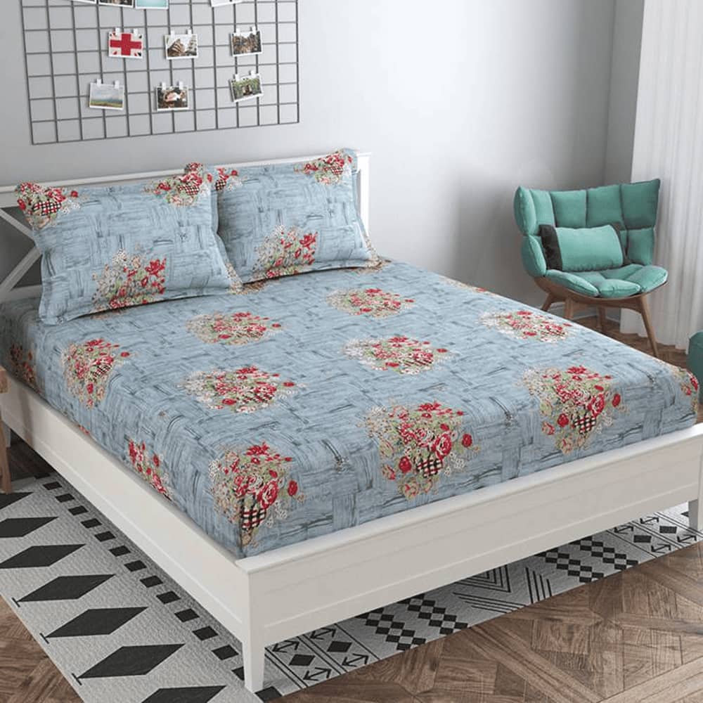 Valeria Silver Floral 160 TC Cotton Double Size Bedsheet with 2 Pillow Covers