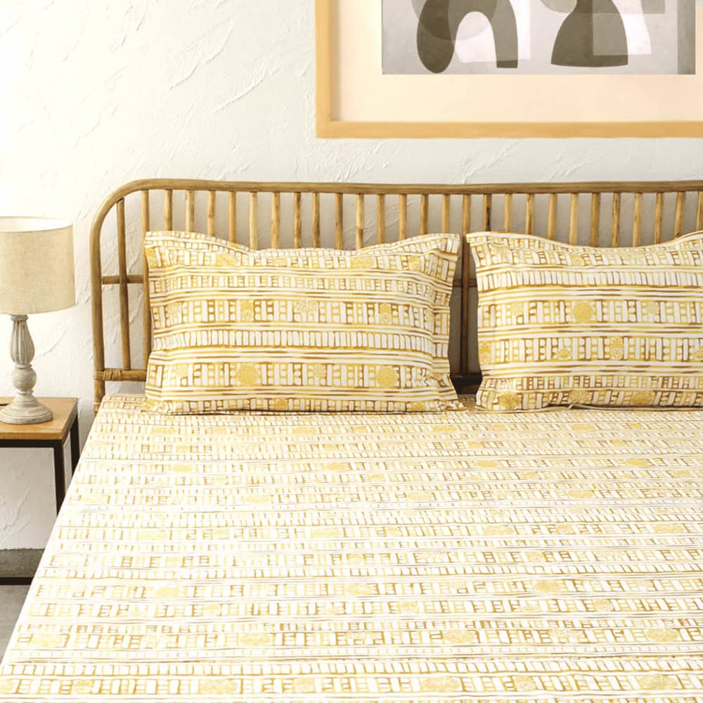 Sanchi Yellow Cotton Cushion Cover Set Of 2