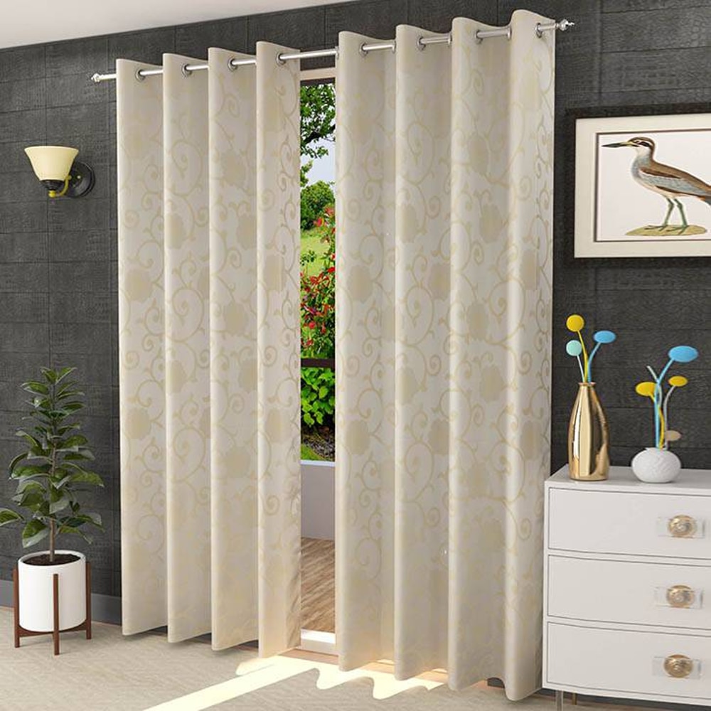 Layla Cream Color Floral Long Door Curtain - Set of 2