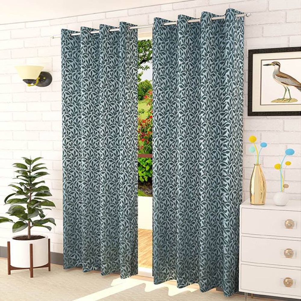 Lamina Blue Color Floral Window Curtain   Set of 2