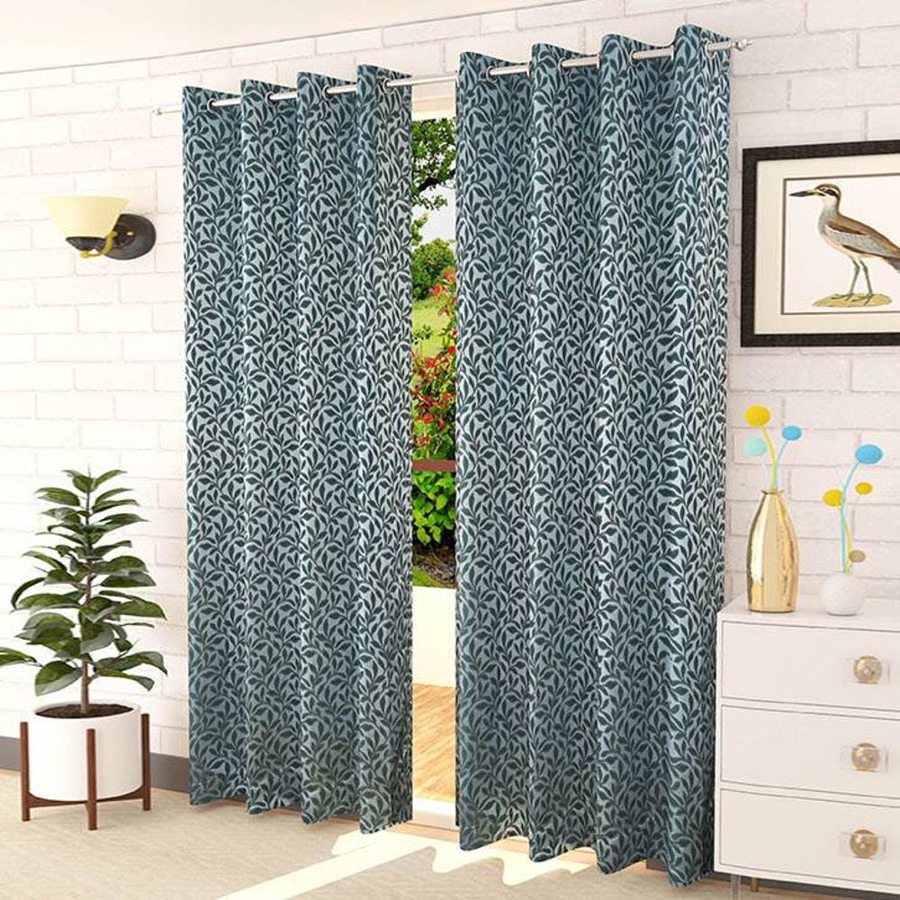 Lamina Blue Color Floral Door Curtain - Set of 2