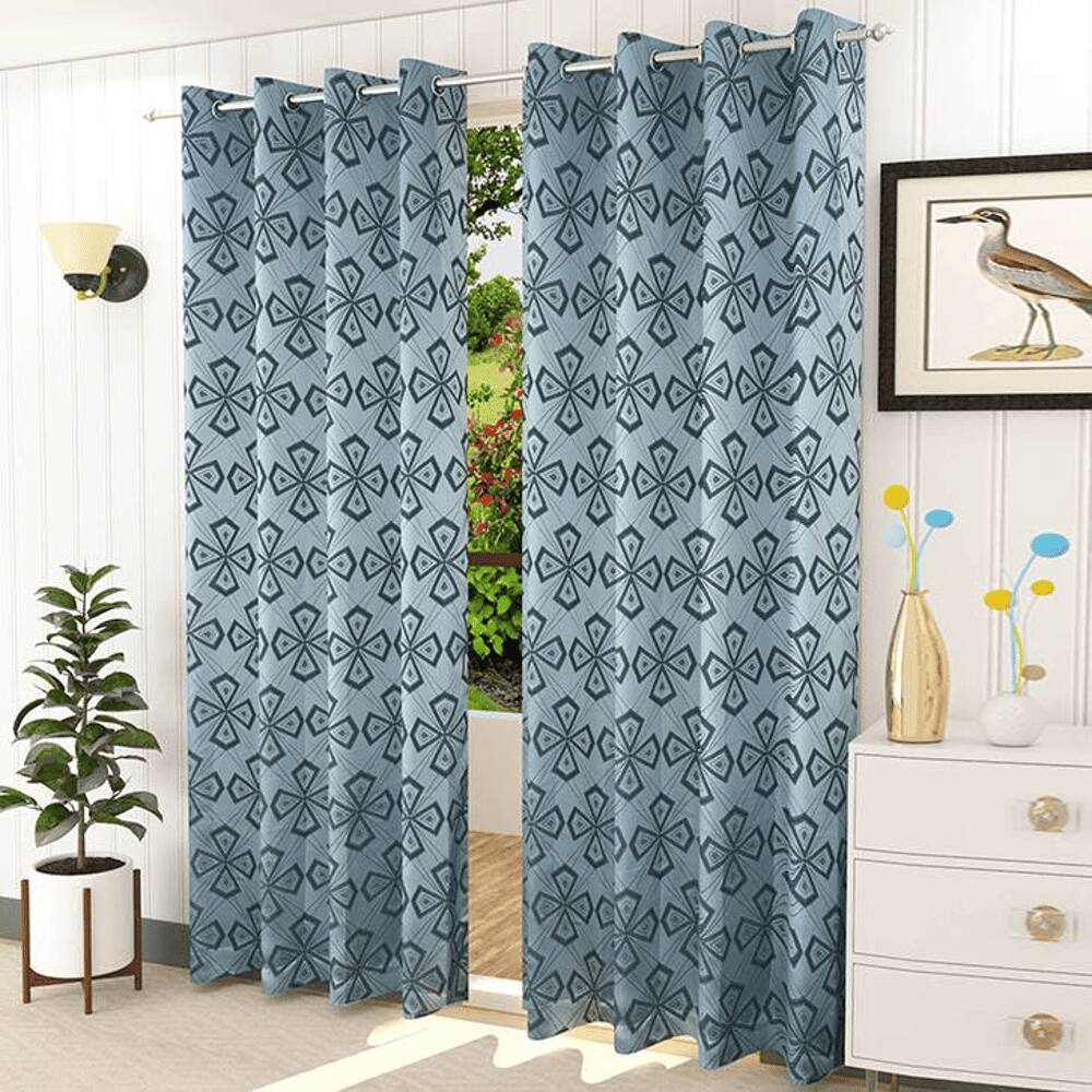 Gann Blue Color Geometric Window Curtain   Set of 2