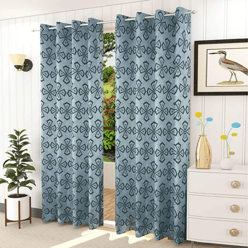 Gann Blue Color Geometric Door Curtain - Set of 2