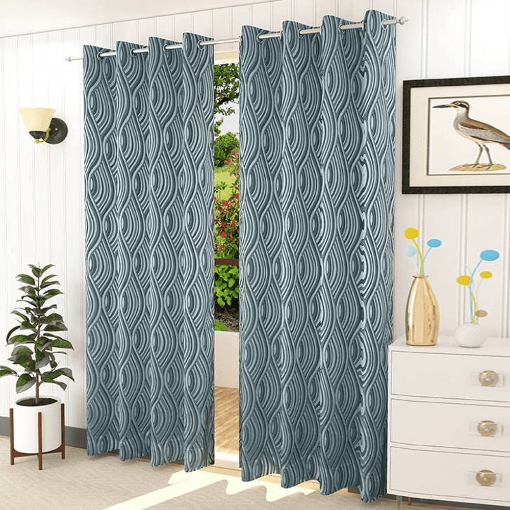 Emma Blue Color Abstract Window Curtain   Set of 2