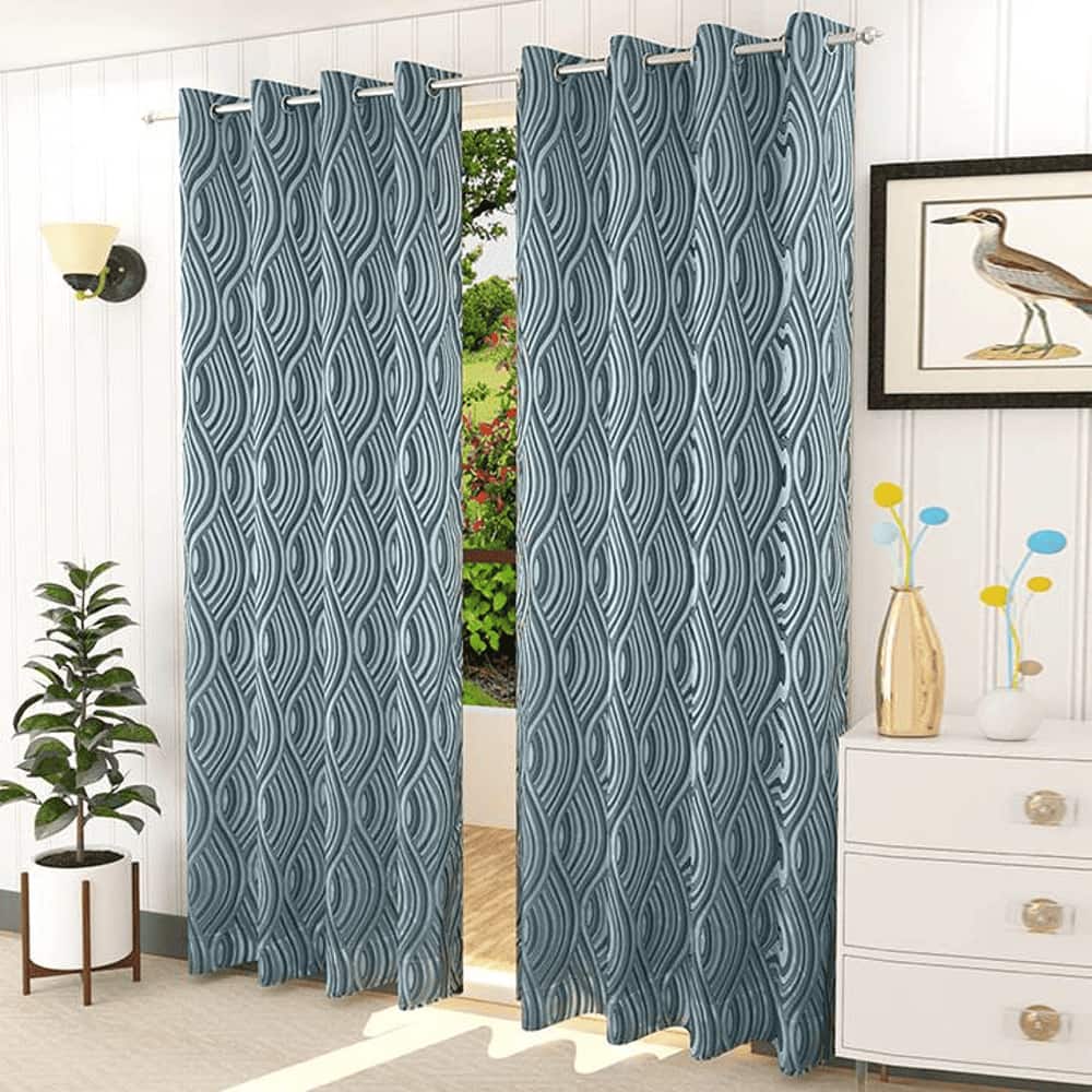 Emma Blue Color Abstract Long Door Curtain - Set of 2