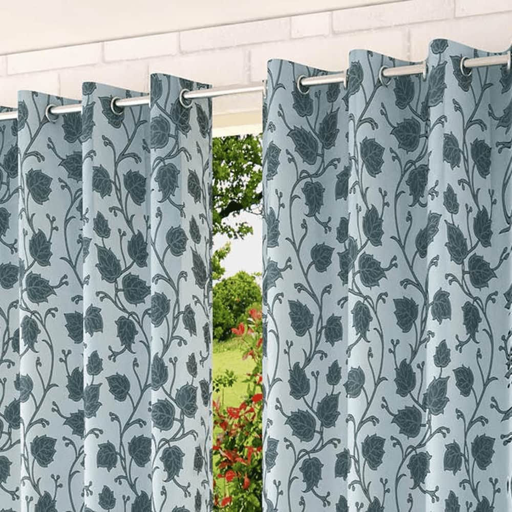 Luna Blue Color Floral Window Curtain   Set of 2