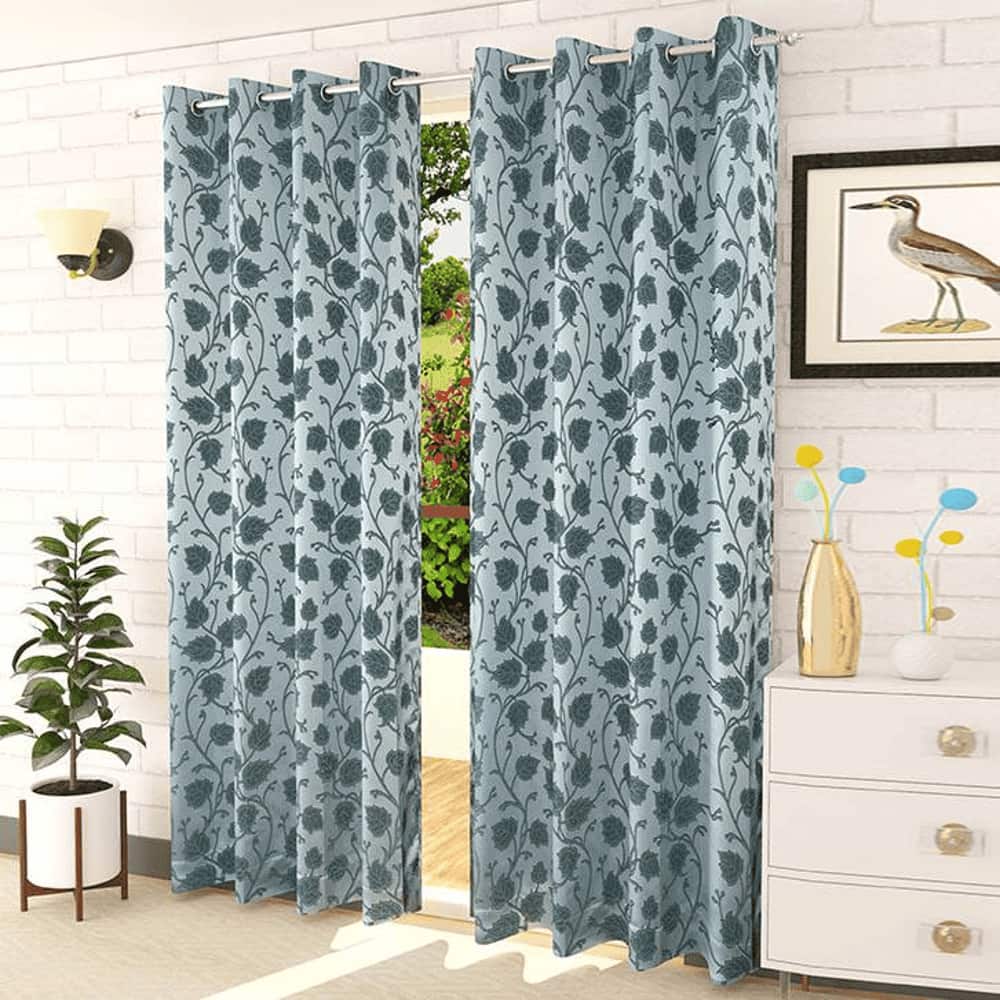 Luna Blue Color Floral Door Curtain - Set of 2