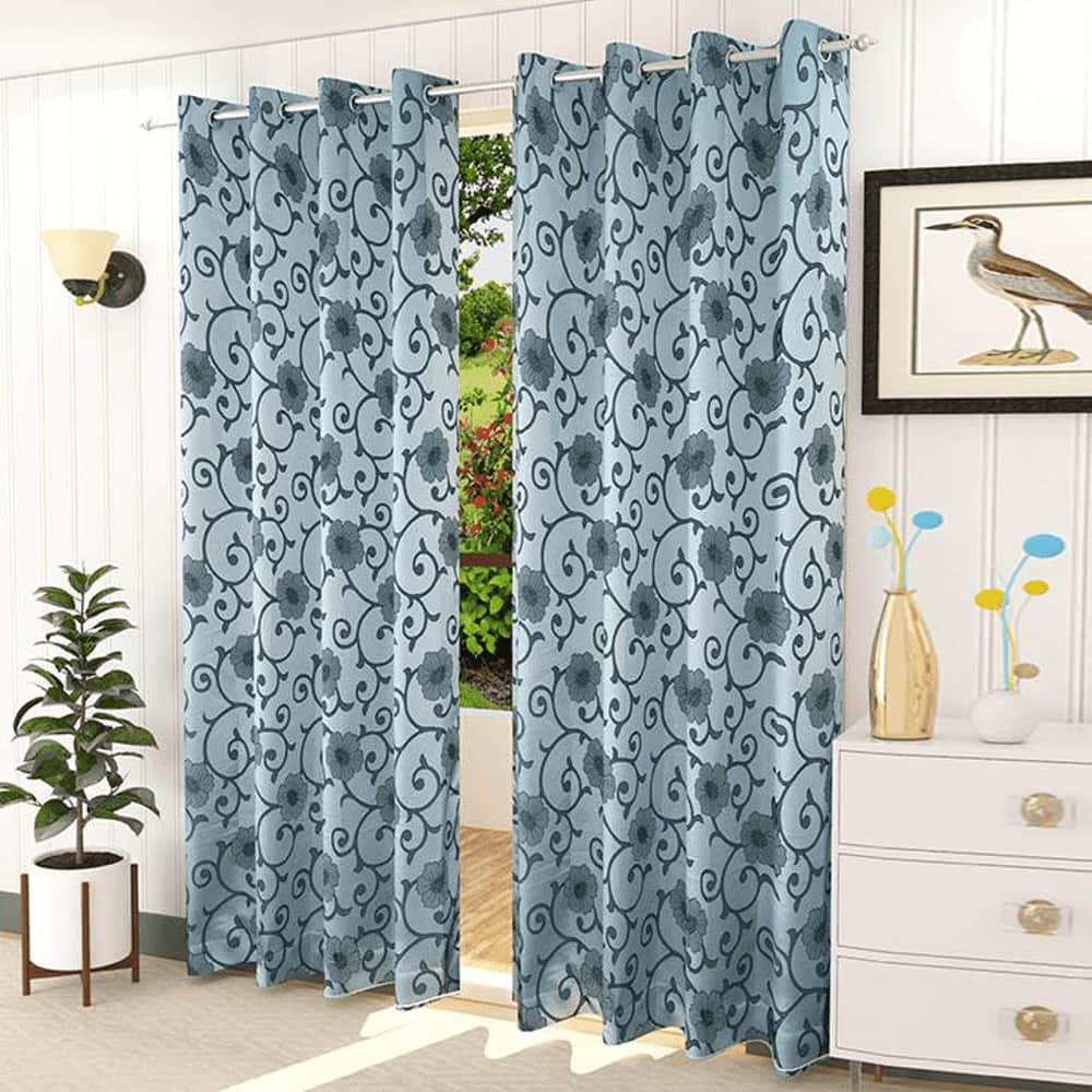 Chloe Blue Color Floral Door Curtain - Set of 2