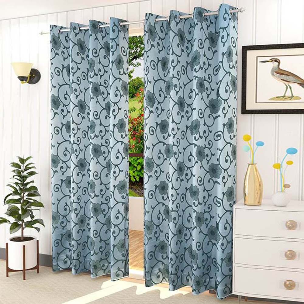 Chloe Blue Color Floral Long Door Curtain - Set of 2