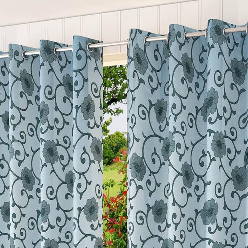 Chloe Blue Color Floral Long Door Curtain - Set of 2
