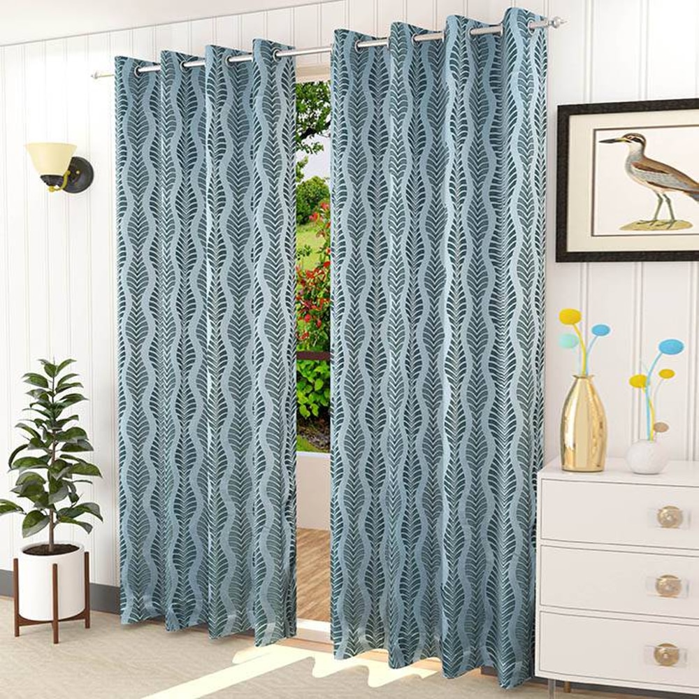 Lucy Blue Color Abstract Window Curtain   Set of 2