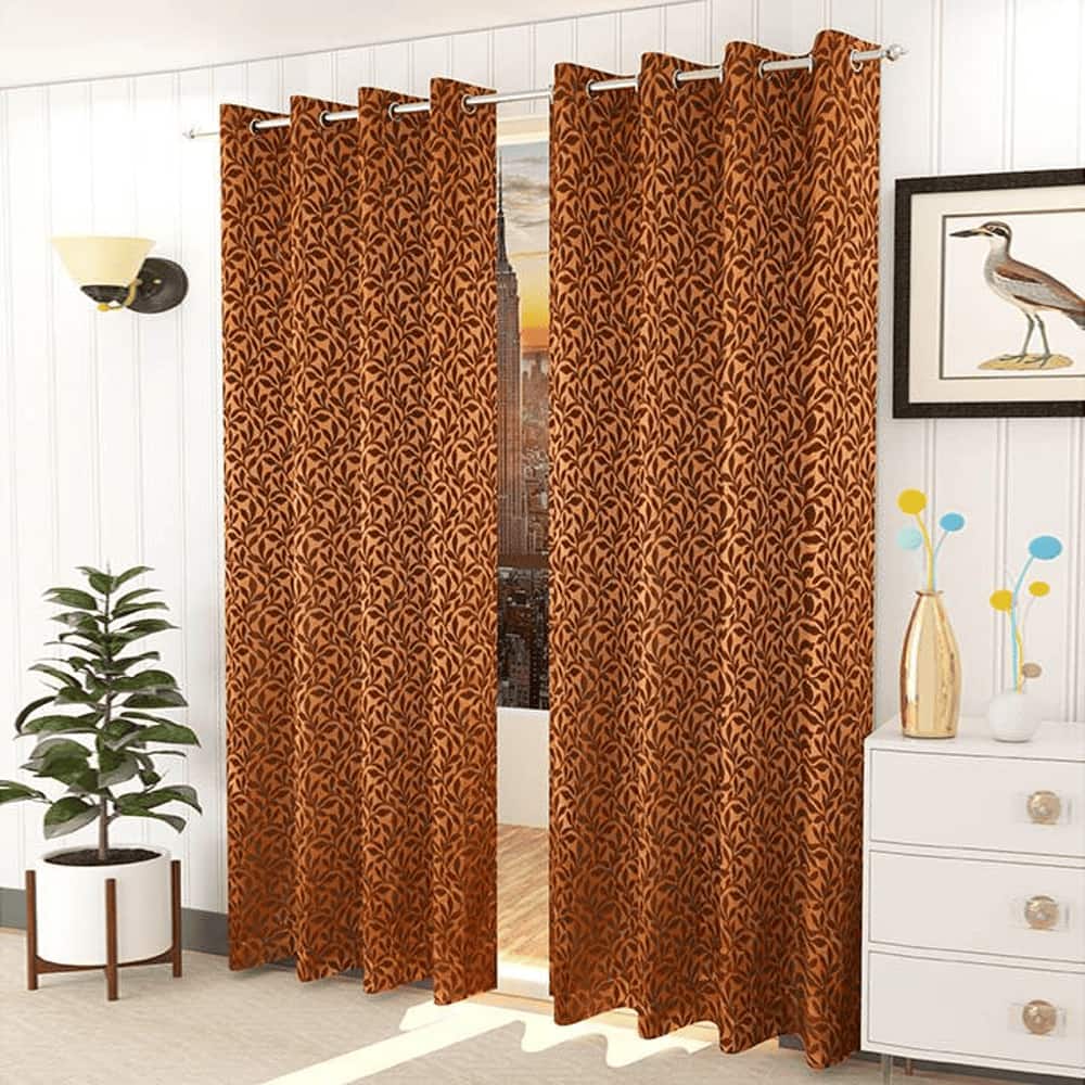 Irevene Brown Color Floral Door Curtain - Set of 2