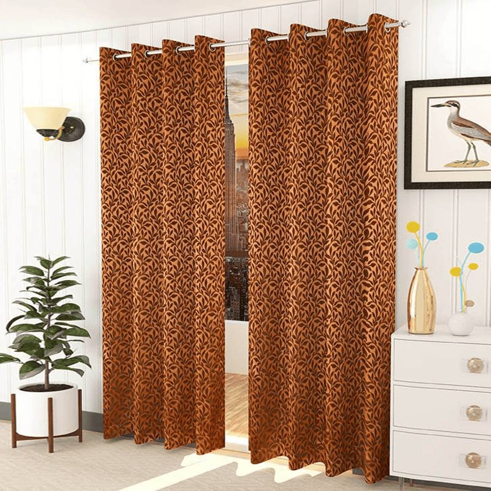 Irevene Brown Color Floral Long Door Curtain - Set of 2