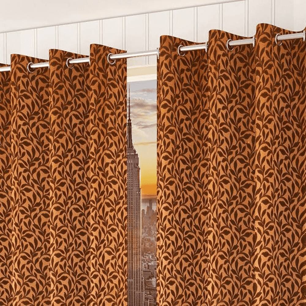 Irevene Brown Color Floral Long Door Curtain - Set of 2