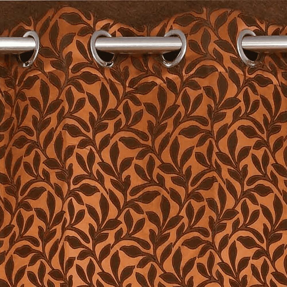 Irevene Brown Color Floral Long Door Curtain - Set of 2