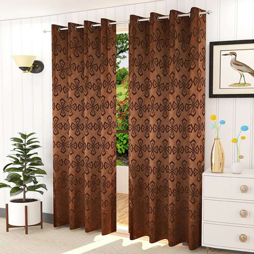 Orion Brown Color Geometric Window Curtain   Set of 2