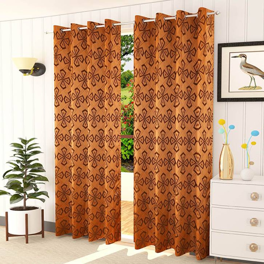 Ferdia Brown Color Geometric Window Curtain   Set of 2
