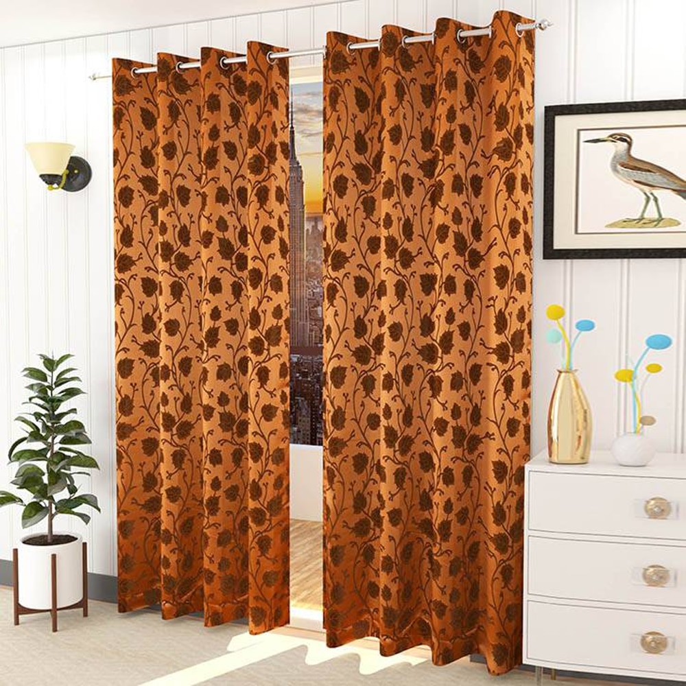 Abigail Brown Color Floral Long Door Curtain - Set of 2 - Presto