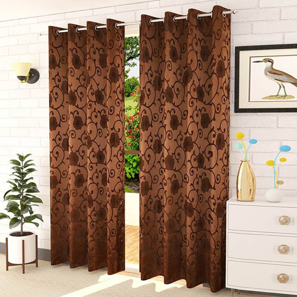 Elizabeth Brown Color Floral Window Curtain   Set of 2 - Presto