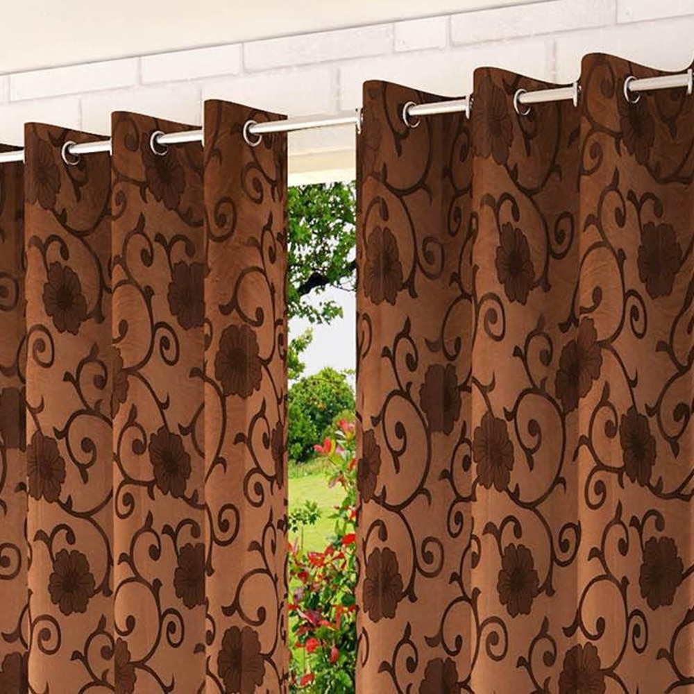 Elizabeth Brown Color Floral Long Door Curtain - Set of 2