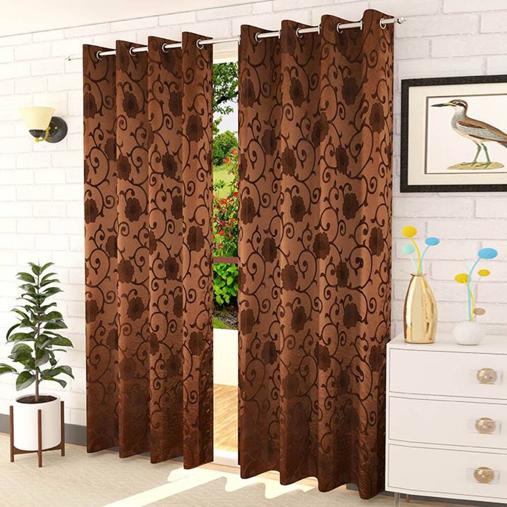 Elizabeth Brown Color Floral Long Door Curtain - Set of 2