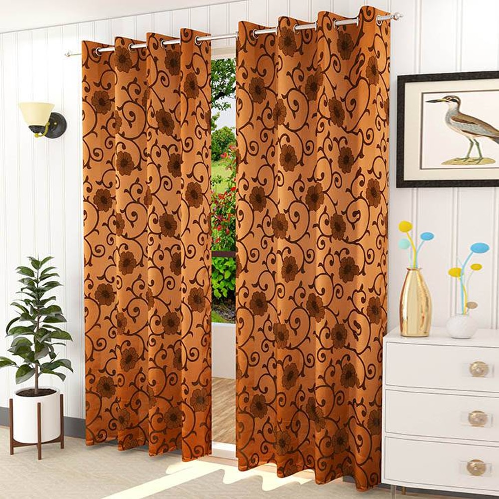 Aria Brown Color Floral Door Curtain - Set of 2