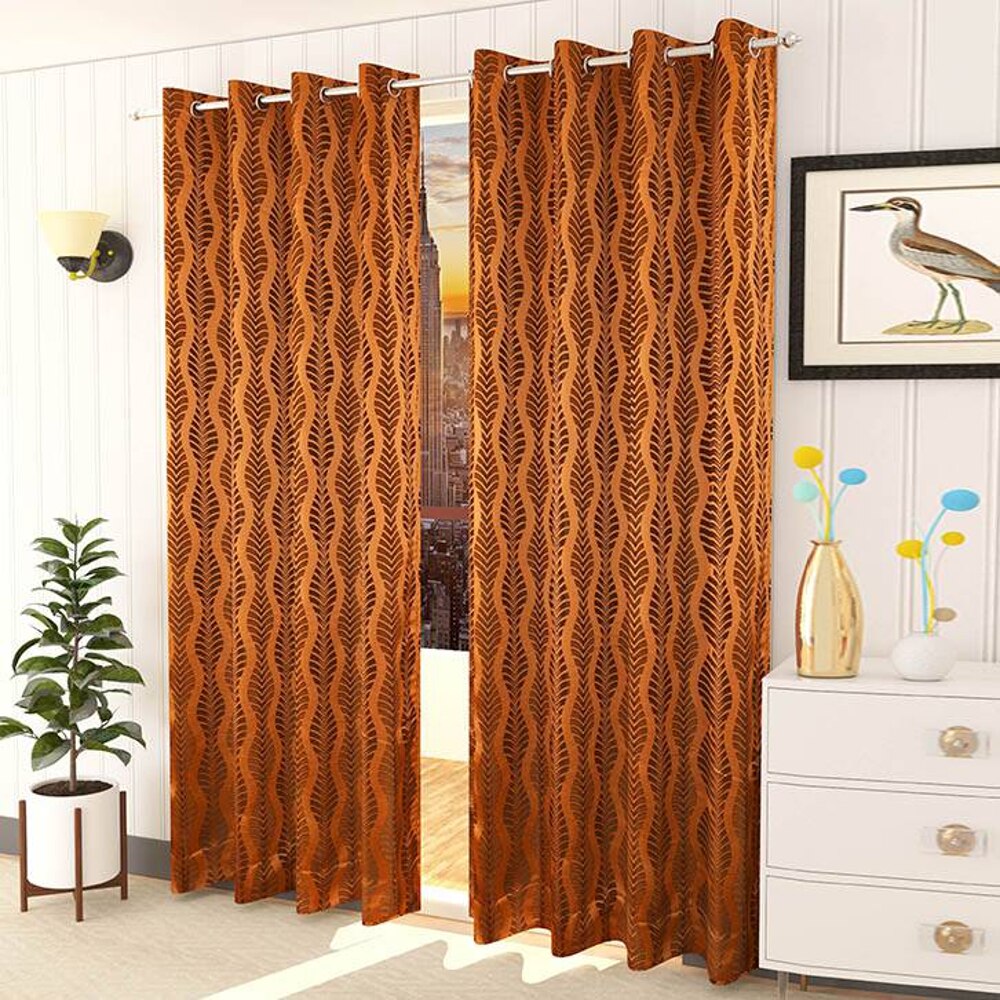 Leah Brown Color Abstract Long Door Curtain - Set of 2 - Presto