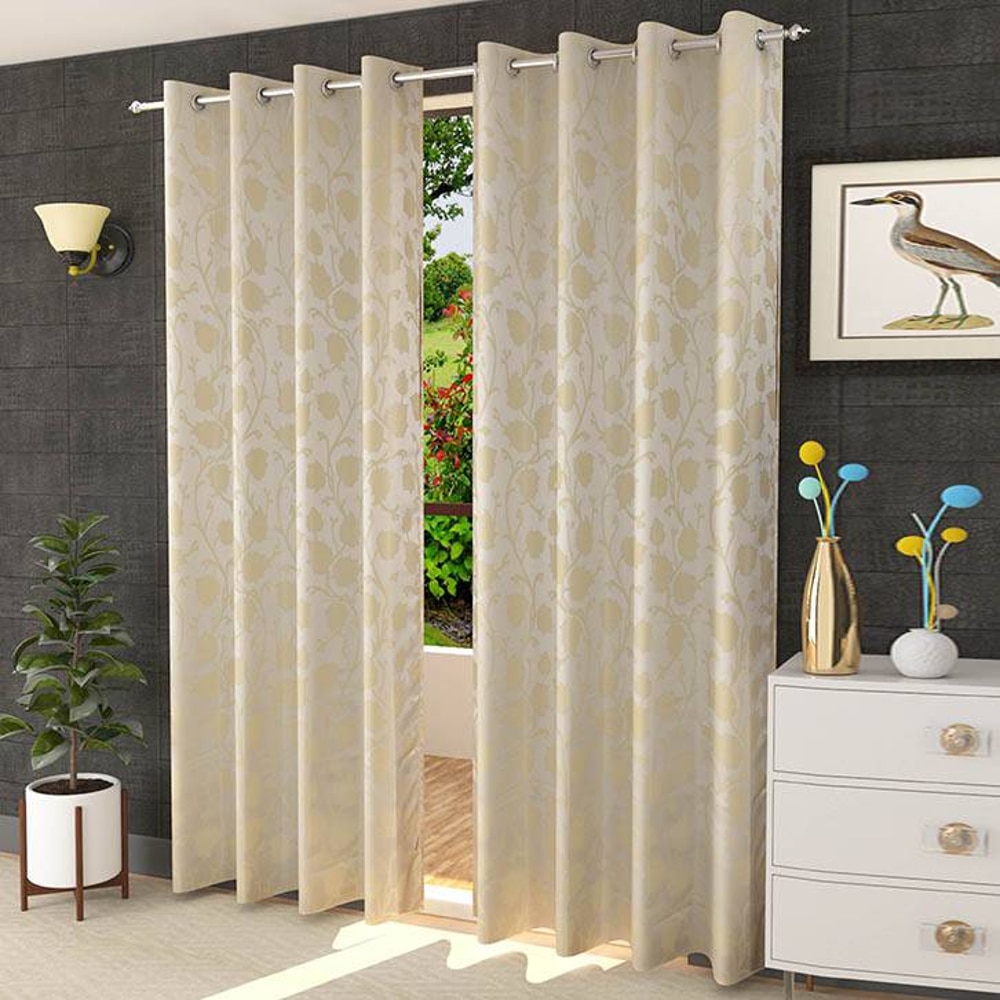 Isabella Cream Color Floral Long Door Curtain - Set of 2