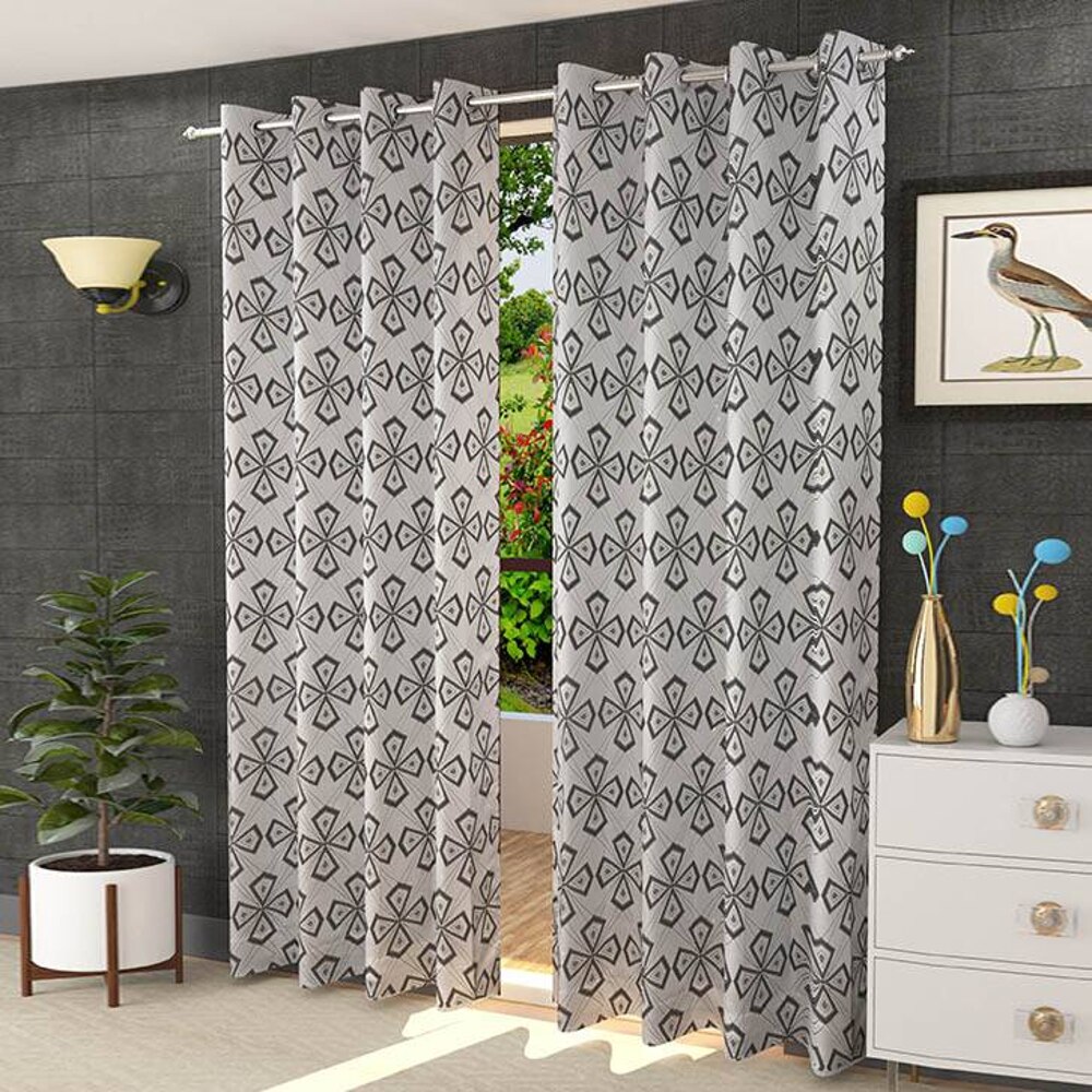 Thalia Grey Color Geometric Window Curtain   Set of 2