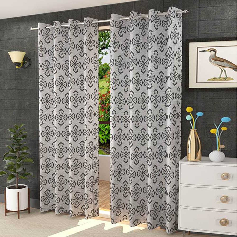 Thalia Grey Color Geometric Door Curtain - Set of 2 - Presto