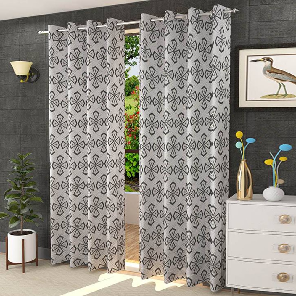 Thalia Grey Color Geometric Long Door Curtain - Set of 2 - Presto