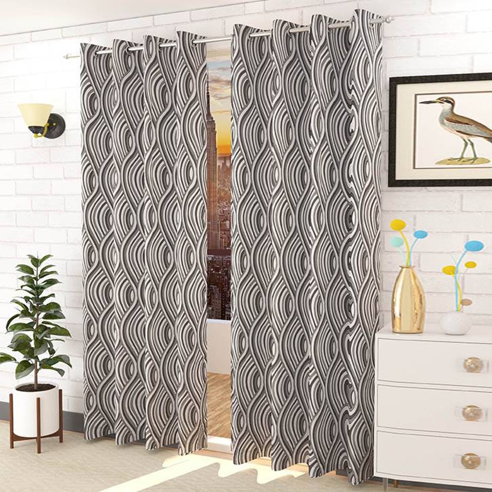 Oscar Grey Color Abstract Long Door Curtain - Set of 2