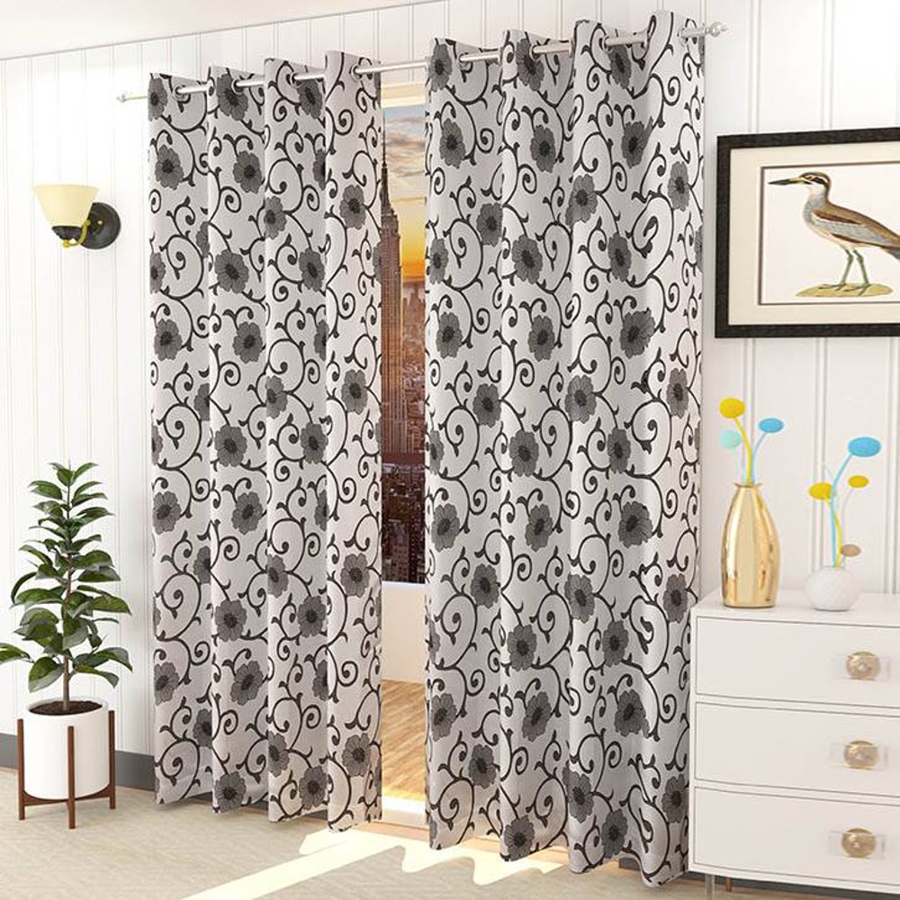 Eleanor Grey Color Floral Window Curtain   Set of 2 - Presto