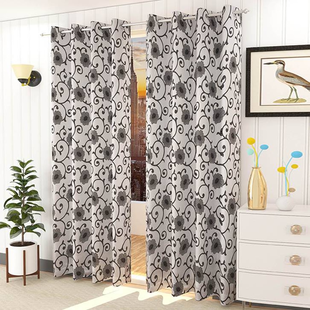 Eleanor Grey Color Floral Long Door Curtain - Set of 2 - Presto