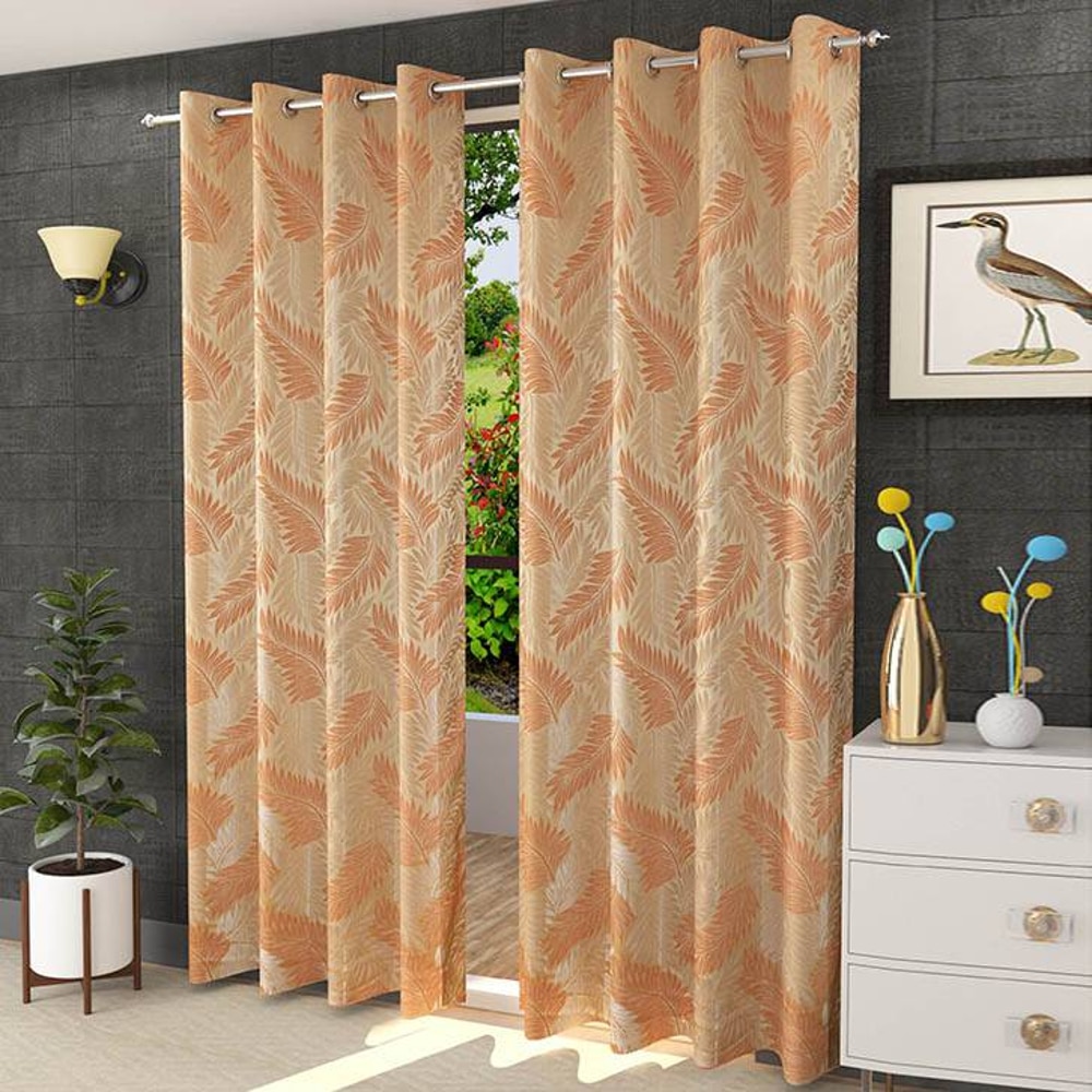 Artemis Orange Color Floral Long Door Curtain - Set of 2
