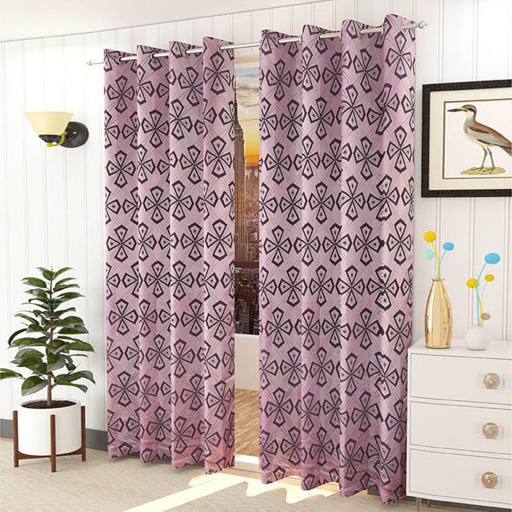 Phoebe Pink Color Geometric Long Door Curtain - Set of 2