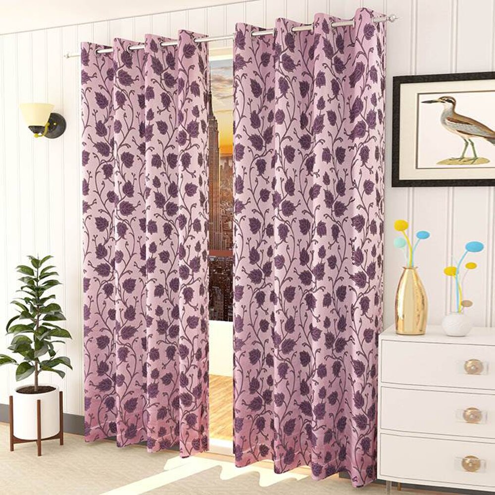 Sophia Pink Color Floral Window Curtain   Set of 2