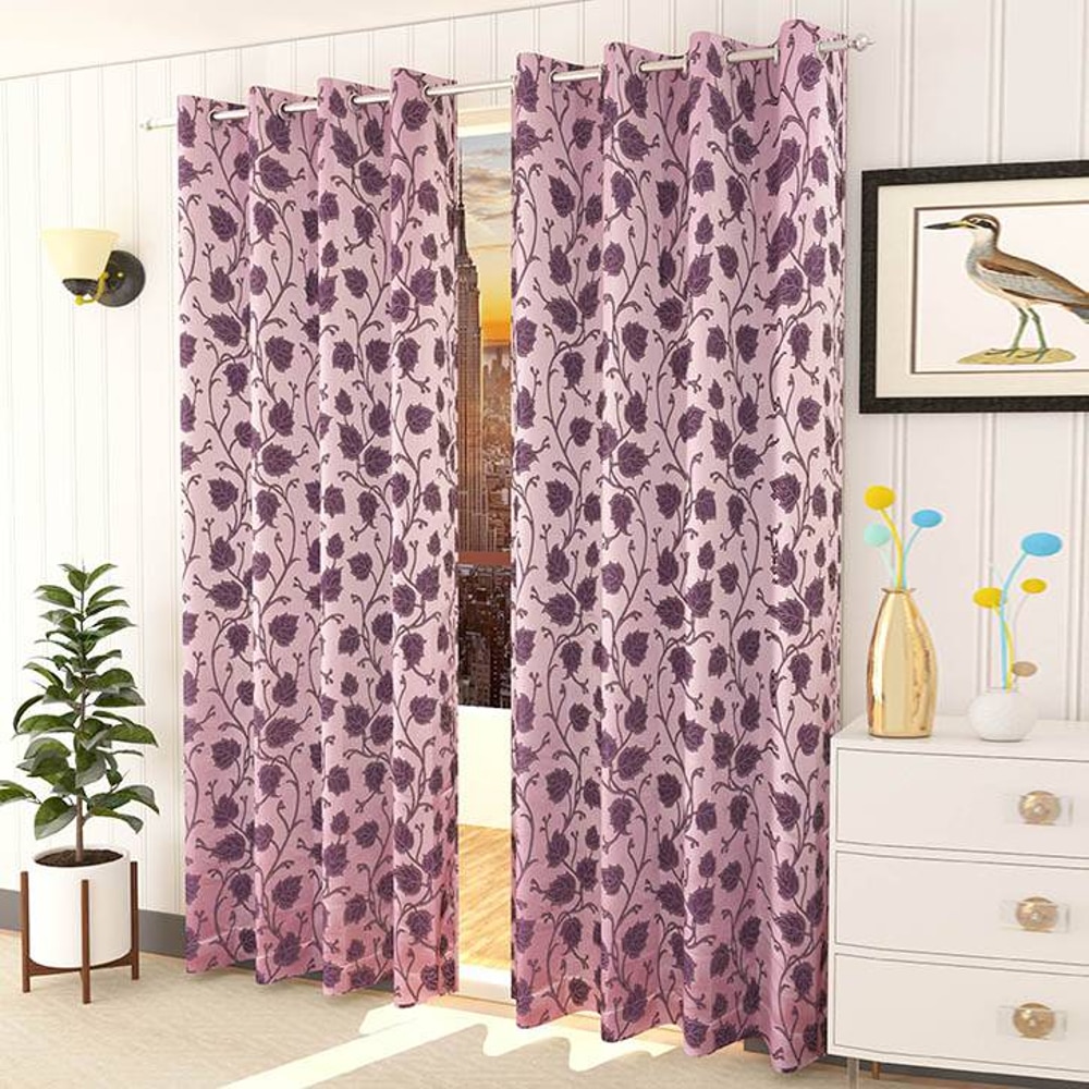 Sophia Pink Color Floral Long Door Curtain - Set of 2