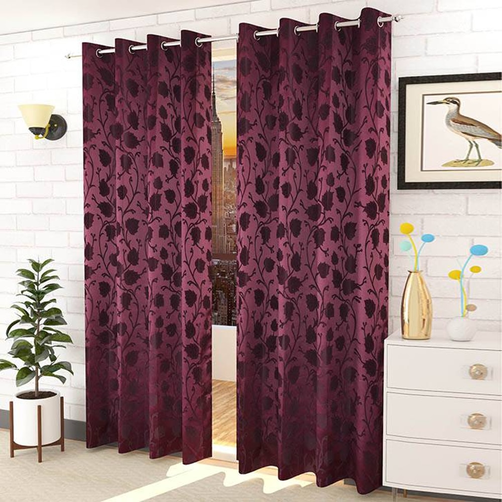 Mia Purple Color Floral Window Curtain   Set of 2