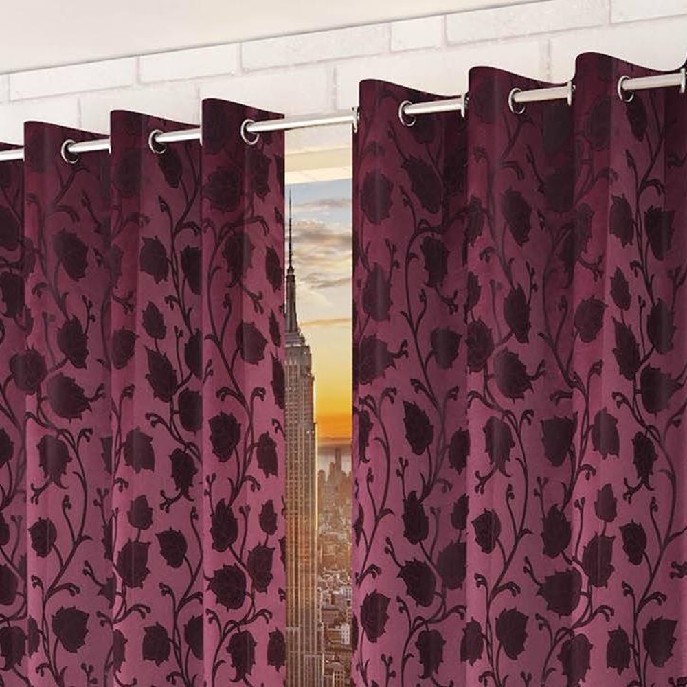 Mia Purple Color Floral Window Curtain   Set of 2