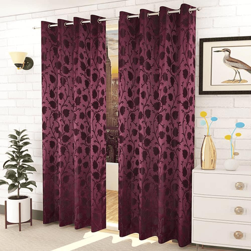 Mia Purple Color Floral Long Door Curtain - Set of 2