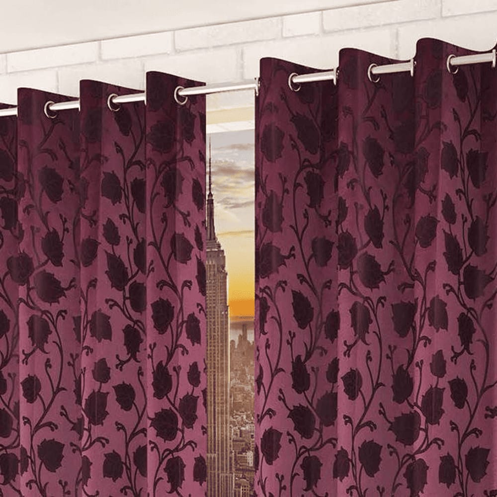 Mia Purple Color Floral Long Door Curtain - Set of 2