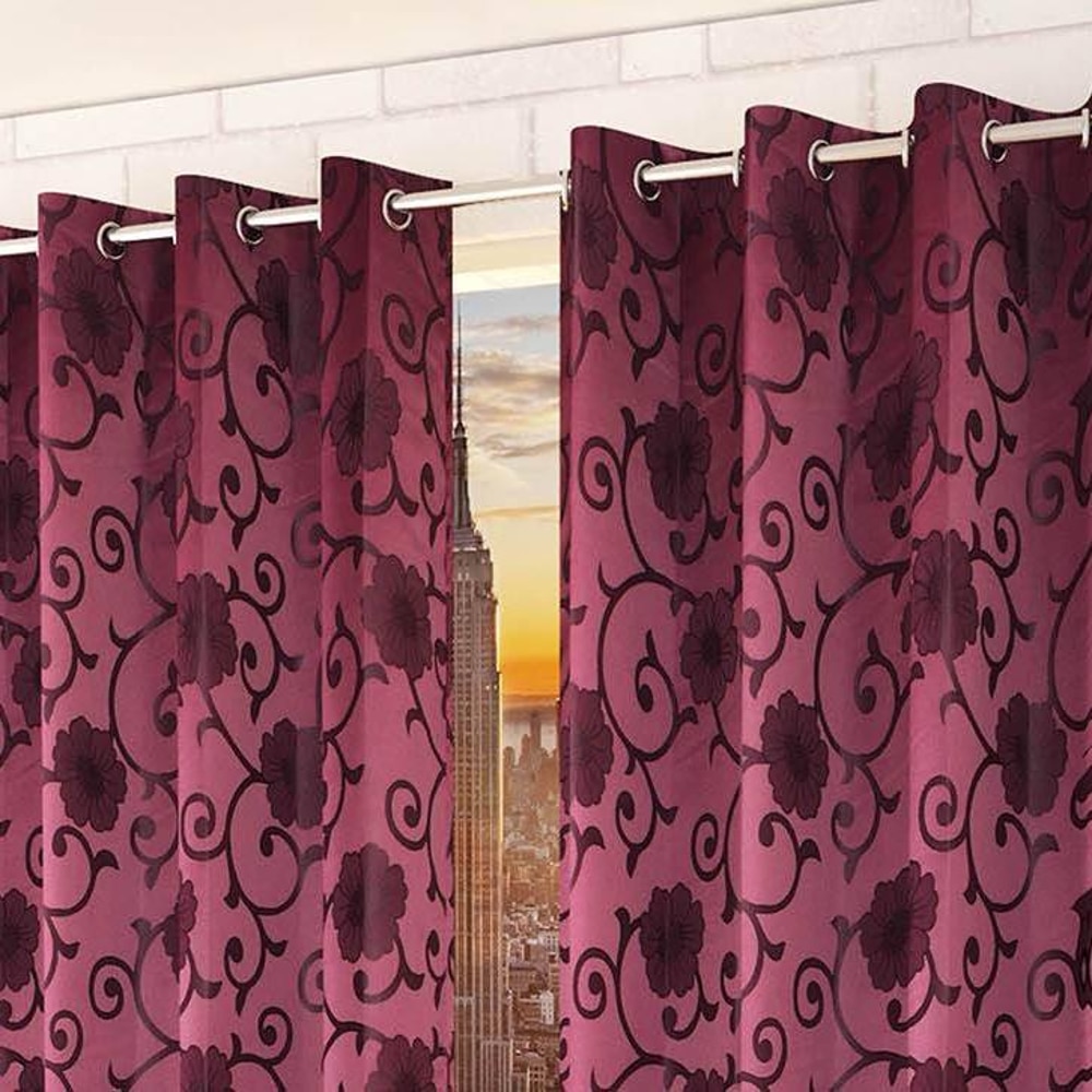 Penelope Purple Color Floral Window Curtain   Set of 2