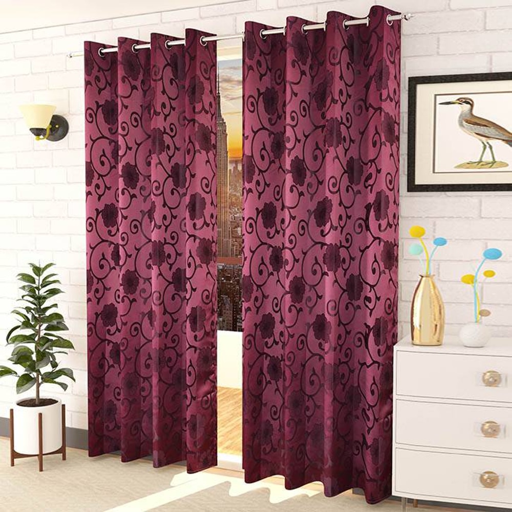 Penelope Purple Color Floral Long Door Curtain - Set of 2 - Presto