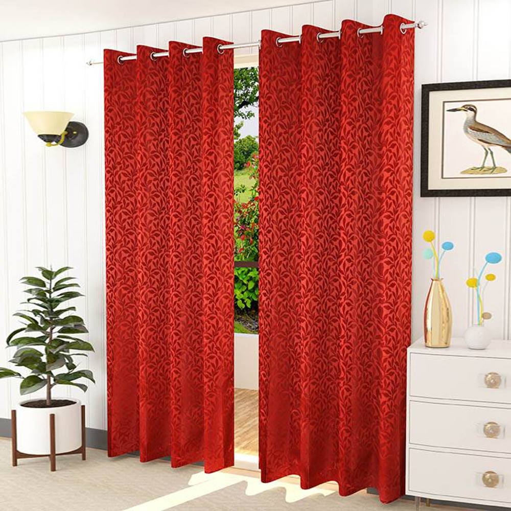 Lucia Red Color Floral Window Curtain   Set of 2