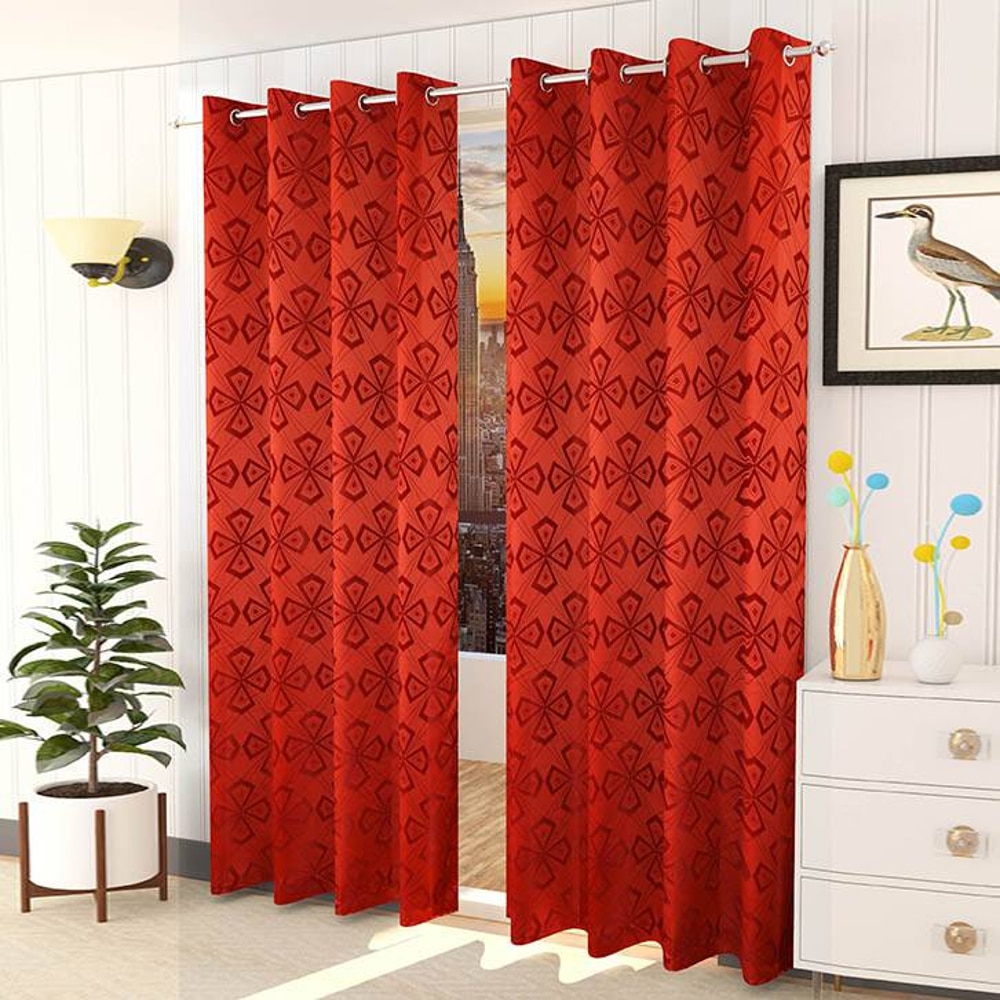 Nephele Red Color Geometric Window Curtain   Set of 2