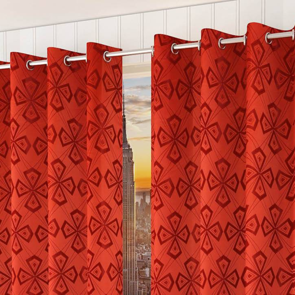 Nephele Red Color Geometric Window Curtain   Set of 2